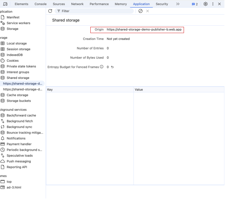  screenshot showing Chrome DevTools specifically the Application section, Highlighting the Shared Storage entries and showing the empty storage for the Origin of "Publisher B" https://shared-storage-demo-publisher-b.web.app.